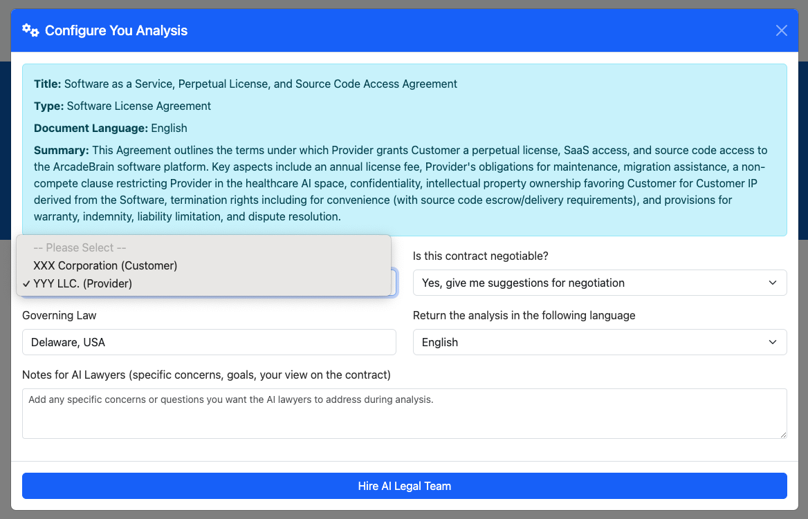 Screenshot of the analysis configuration screen.