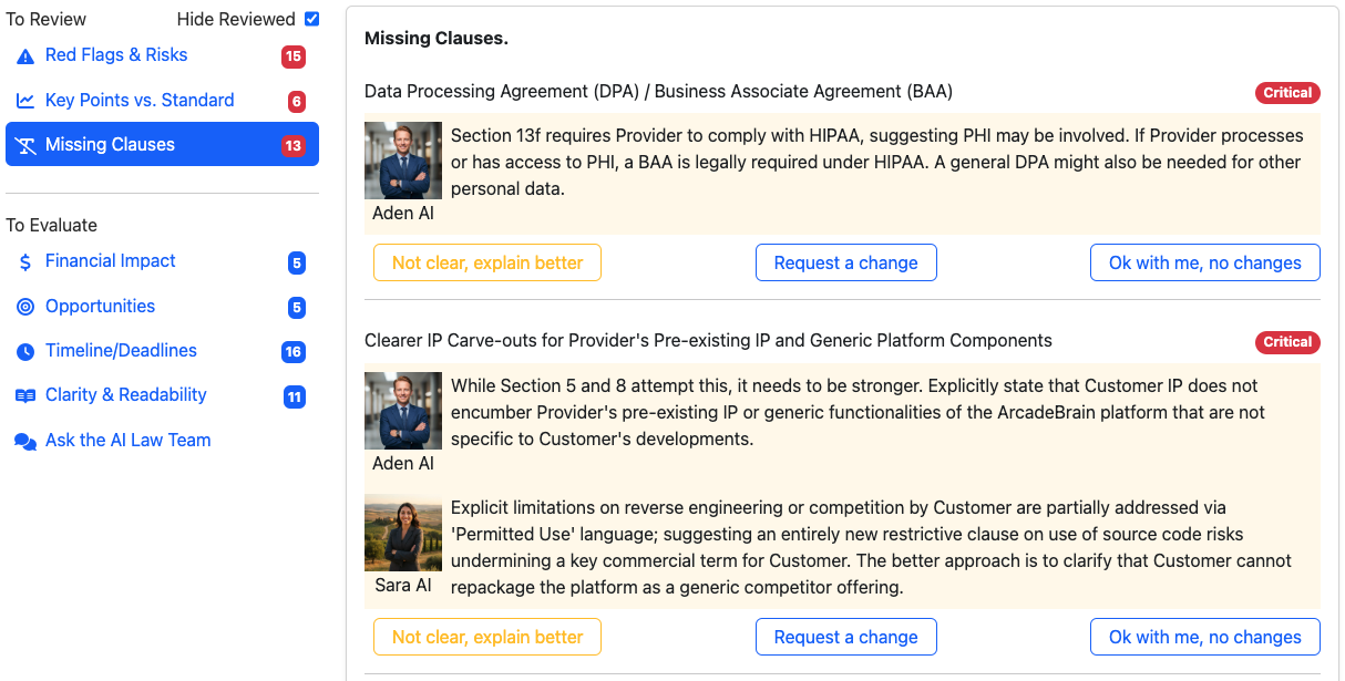Screenshot of the Missing Clauses section.