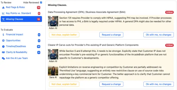 Screenshot of the Missing Clauses section.